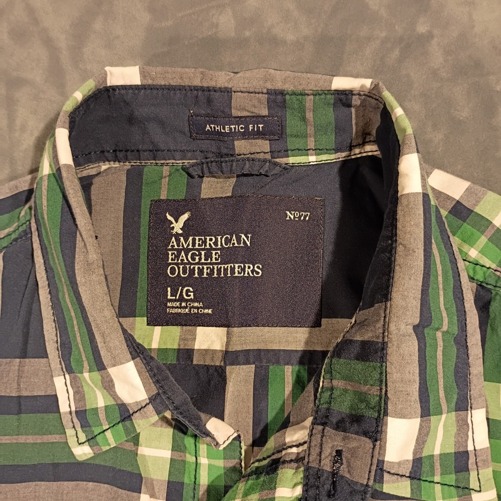 American Eagle Outfitters Mens Athletic Fit Plaid Button Down Shirt Green Navy L - Picture 2 of 7